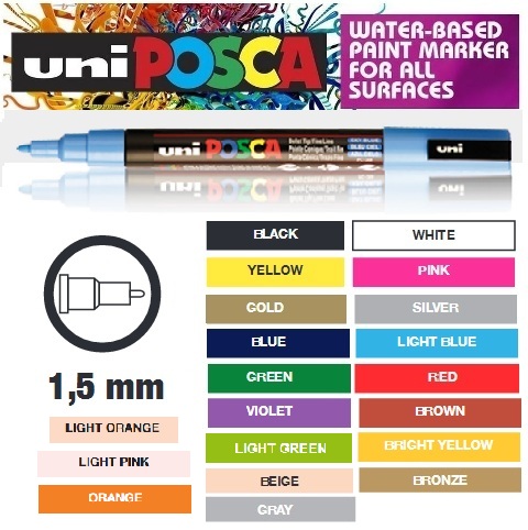 Posca’s fine bullet tip 1.5mm is ideal for creative crafts hobbyists for scrapbooking and for making greeting cards and table decorations. It is also suitable for artists and professionals and for amateur artists to personalise clothes or objects. Children will also love it for colouring.