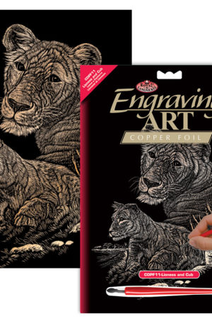 Lioness and cub engraving art