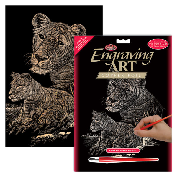 Lioness and cub engraving art