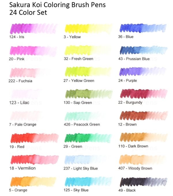 24 pen koi colour brush pens chart