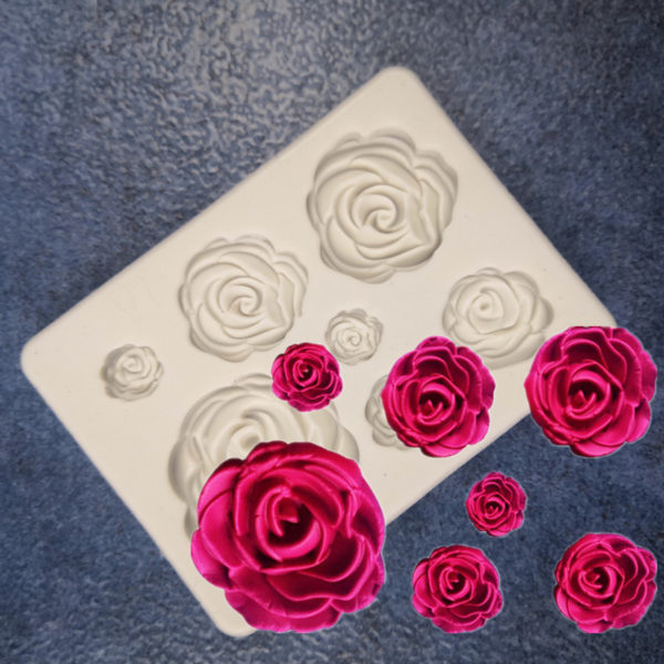 Roses (7) silicone mould with examples next to it