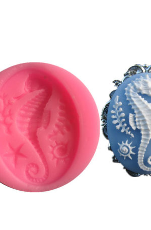 Oval seahorse silicone mould with an example next to it.